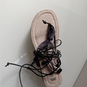 Zara Cream & Blue Wrap Around Sandals with Black Accents